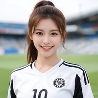 一位25岁左右的女性足球爱好者头像，穿着球衣